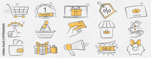 This diverse collection showcases shoppingthemed icons ideal for marketing and ecommerce applications