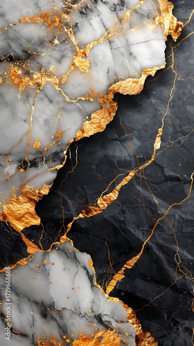 Opulent Kintsugi Style Gold on Black Stone White Marble