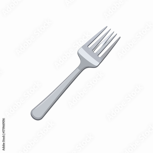 A simple silver metallic dining fork with four tines, angled on a clean white background.