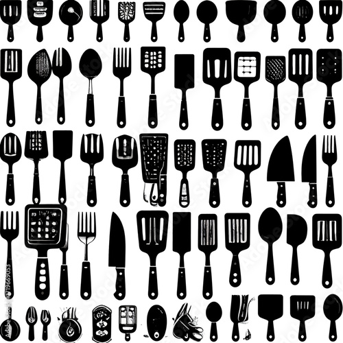 A diverse graphic collection of black silhouette kitchen utensils, including spatulas, spoons, forks, and knives.