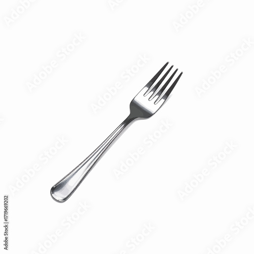 A polished silver metal fork with four tines, angled against a plain white background, showcasing its reflective surface and elegant design.