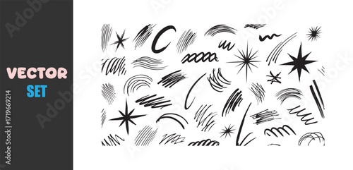 Collection of hand drawn black ink brush strokes and starburst shapes