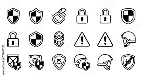 Security and Safety Icons: Shields, Padlocks, Warning Signs, and Protective Helmets