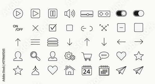Collection of Simple, Minimalist Line Icons for User Interface Design