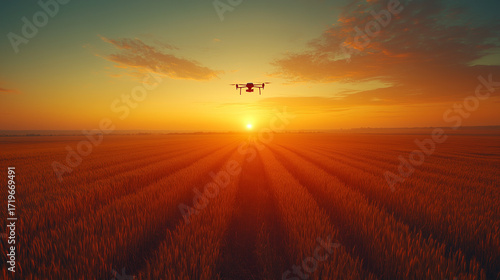 A modern drone is flying high above a vast golden wheat field during a beautiful sunset, capturing stunning aerial views of the landscape.