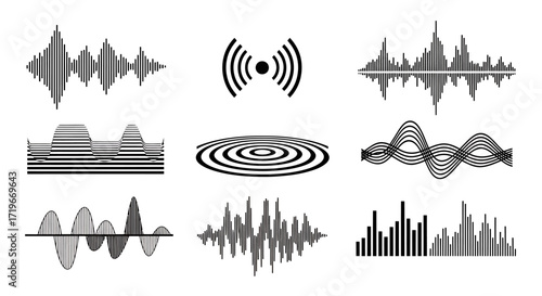 Diverse Black Soundwave Set: Rhythmic Patterns, Signal Icons, and Audio Visualizations