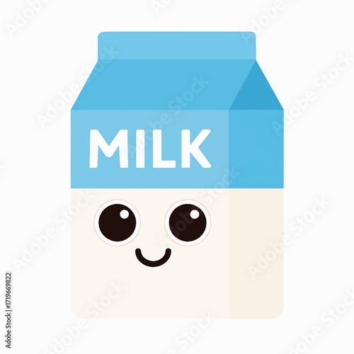 Flat vector illustration of a cheerful milk carton with cartoon smile on a white background