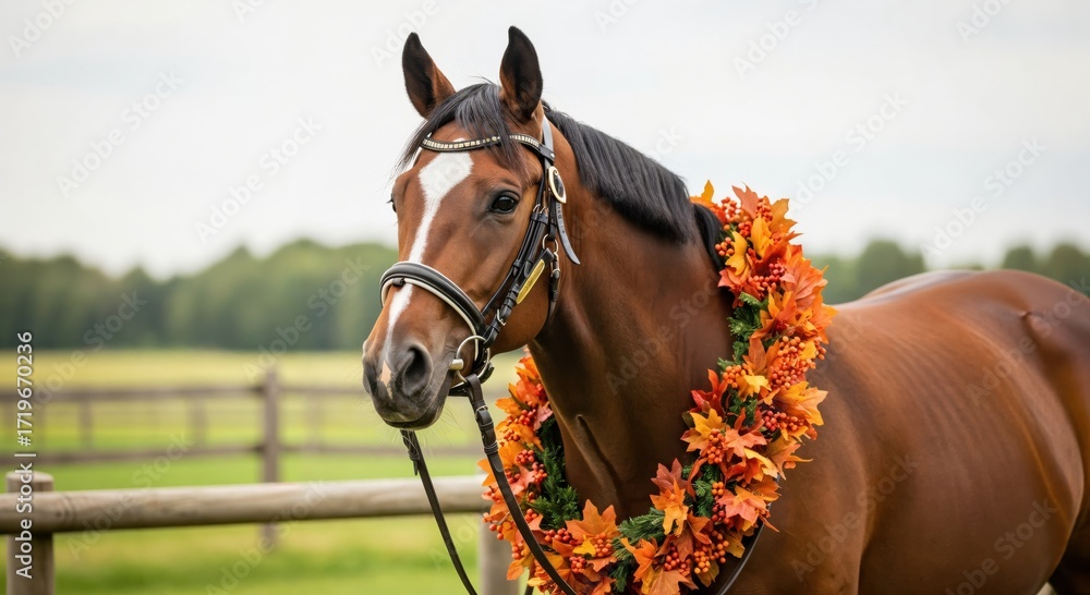 Obraz premium An Elegantly Adorned Brown Horse with an Autumn Leaf Garland Standing in a Serene Pastoral Landscape, Showcasing Its Grace and Beauty