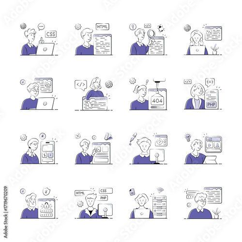 A set of illustrations depicts a diverse team of web developers working on various aspects of website creation and maintenance.