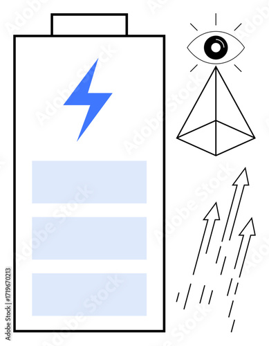 Battery with lightning bolt depicting energy storage and distribution, pyramid symbolizing stability, an eye denoting insight, and arrows representing growth. Ideal for energy, power, progress