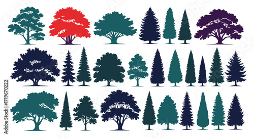 Diverse collection of stylized trees in various shapes and colors representing different species.