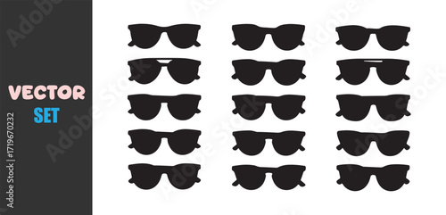 Collection of black silhouette sunglasses in various styles arranged in a grid
