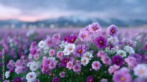 Lush Field of Pink Purple and White Cosmos Flowers with Snowy Mountain Peaks at Sunset in a Dreamy Romantic Ambiance Cinematic HDR