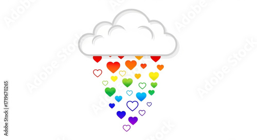A whimsical cloud rains down a vibrant cascade of colorful hearts, symbolizing love, diversity, and inclusivity