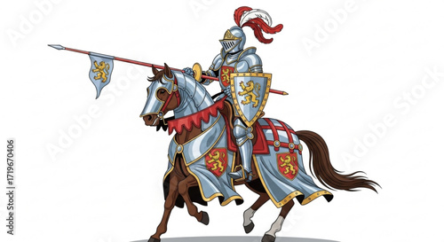A knight in shining armor riding a horse, the knight is carrying a lance and shield, ready for battle or a jousting tournament