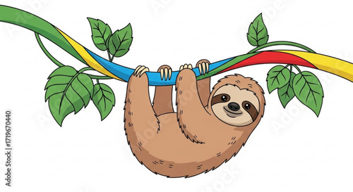 A charming cartoon illustration of a sloth hanging from a colorful branch, , showcasing its adorable features and relaxed posture