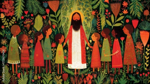 Warm artistic illustration of Jesus surrounded by children