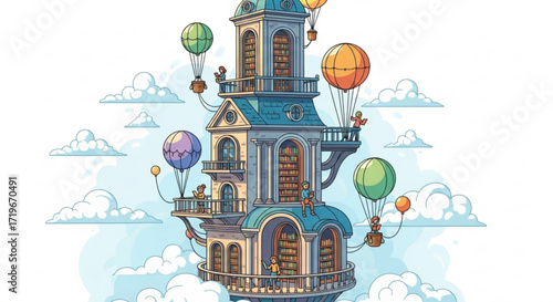 A whimsical illustration of a fantastical building adorned with balloons, , evoking a sense of adventure and imagination in the sky
