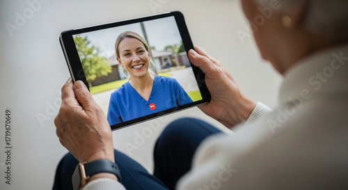 Senior patient smiles during virtual doctor consultation on tablet, receiving compassionate care remotely from a friendly nurse.
