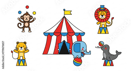 A charming circus illustration featuring a monkey juggling, a tent with a flag, a lion on a pedestal, a tiger on a pedestal, an elephant, and a seal