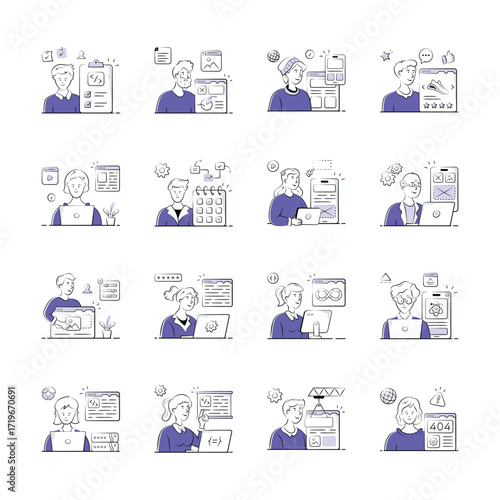 A set of illustrations showcases a variety of web developers working on different digital projects.