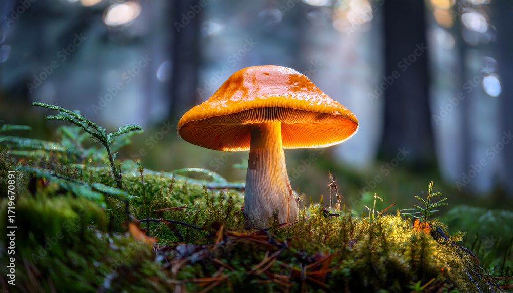 Fototapeta premium A Vivid Luminous Orange Mushroom Stands Out In The Enchanting Misty Forests Beauty