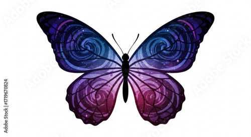 Elegant butterfly illustration with cosmic galaxy wings featuring swirling nebulae and stars in shades of purple and blue