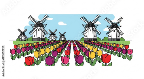 Scenic dutch countryside illustration featuring colorful tulip fields and traditional windmills against a bright blue sky