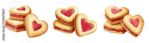 Watercolor set of cookies with hearts. Puff pastry sandwich cookies with berry filling. Romantic desserts for Valentine's Day. Sweets with hearts and romantic symbols. Vector illustration.
