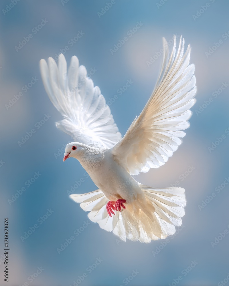 Fototapeta premium White dove in mid-flight against a soft blue sky
