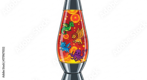 Whimsical lava lamp featuring colorful cartoon dragons floating in the molten wax, creating a fun and playful atmosphere