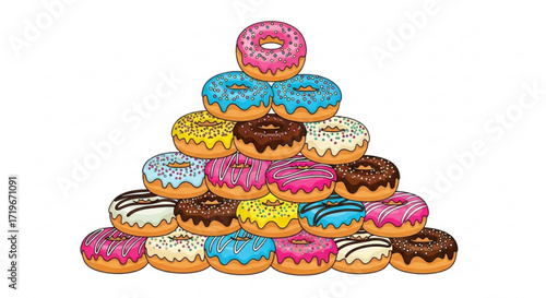 A colorful pyramid of assorted donuts with various toppings and icings, creating a sweet and tempting display