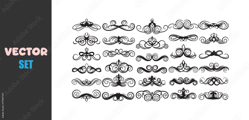 Fototapeta premium Collection of ornate black decorative flourishes and borders on white background