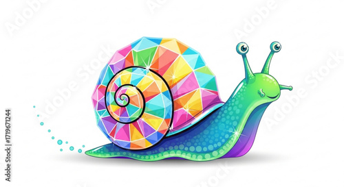 A colorful snail with a geometric shell crawls slowly, , showcasing a vibrant and artistic design with a playful touch