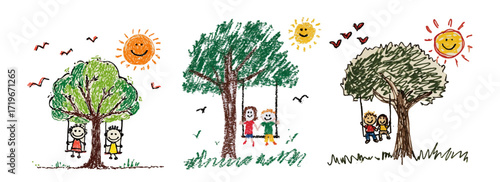Children's drawing of children on a swing with trees and the sun. Happy children riding on a swing. The drawing is drawn by children's hands. Cute children's drawing.