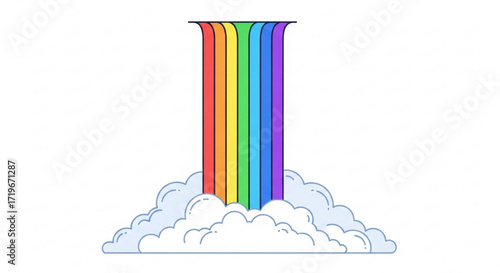 Illustration of a rainbow coming out of clouds the rainbow is made up of seven colors red, orange, yellow, green, blue, indigo, and violet