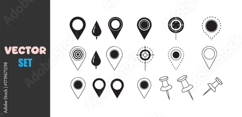 Collection of hand drawn map pin icons and thumbtacks in black and white