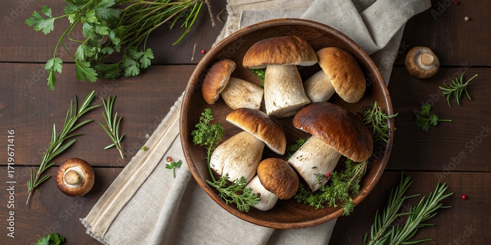 Fototapeta premium Fresh forest mushrooms /Boletus edulis (king bolete) / penny bun / cep / porcini / mushroom in an old bowl / plate and rosemary parsley herbs on the wooden dark brown table, top view background banner