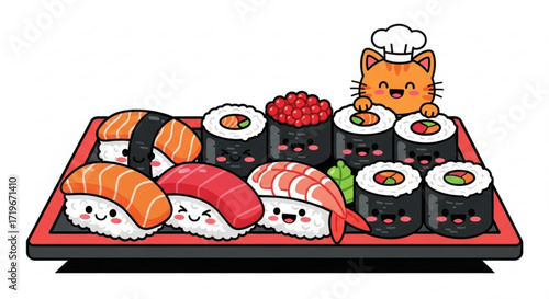 A delightful sushi platter features an array of nigiri and maki rolls, with a cute cat chef adding a touch of whimsy to the scene