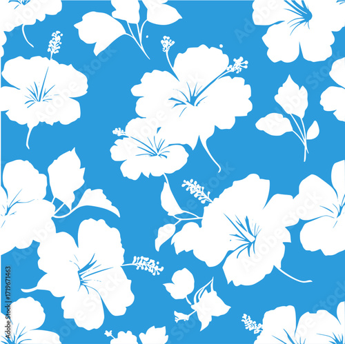 Tropical flowers and leaves in Hawaiian style. white hibiscus flowers on a blue background. Hibiscus flowers pattern. Tropical pattern for prints. Vector illustration