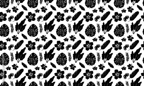 Hawaiian seamless pattern with hibiscus flowers. Black and white background with tropical flowers and leaves.Hawaiian Aloha Shirt. Design for fabric, textile, wallpaper, clothing. floral background.