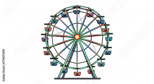 A colorful ferris wheel stands tall, its gondolas ready to carry riders on a thrilling journey with a panoramic view of the surroundings