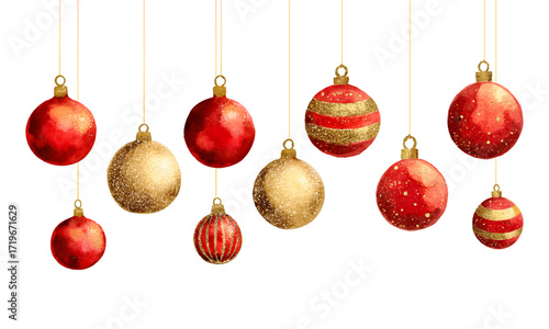 Christmas board with red and gold balls png. Watercolor Christmas balls of red and gold hanging on a thread. Template for Christmas and New Year's designs. Vector illustration.