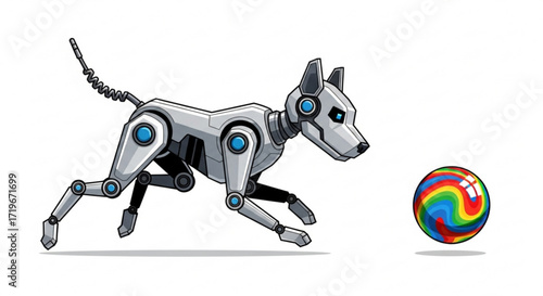 A robotic dog chasing a colorful ball a futuristic pet with artificial intelligence and playful energy