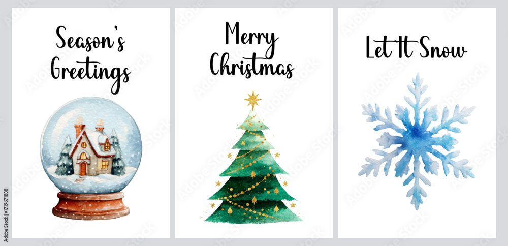 Fototapeta premium Set of Christmas cards with watercolor elements. Minimalistic Christmas and New Year cards with a Christmas tree, snowflakes and a snow globe. Merry Christmas. Vector illustration.