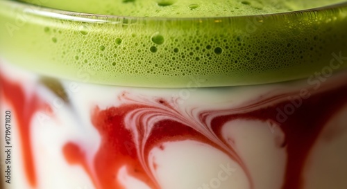 Close-up of a vibrant matcha latte with strawberry syrup swirls, showcasing the rich green foam and red patterns.