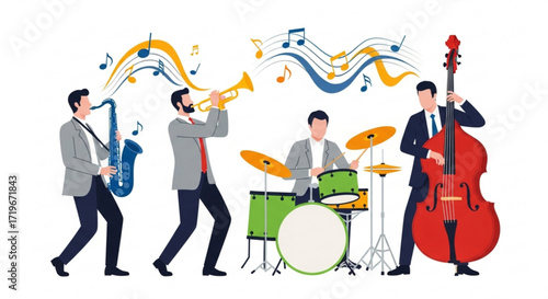 A vibrant jazz band performs with a saxophone, trumpet, drums, and double bass, creating a lively musical atmosphere