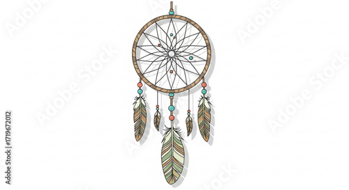 Hand drawn dreamcatcher with feathers and beads, a symbol of native american culture and spiritual beliefs, vector illustration