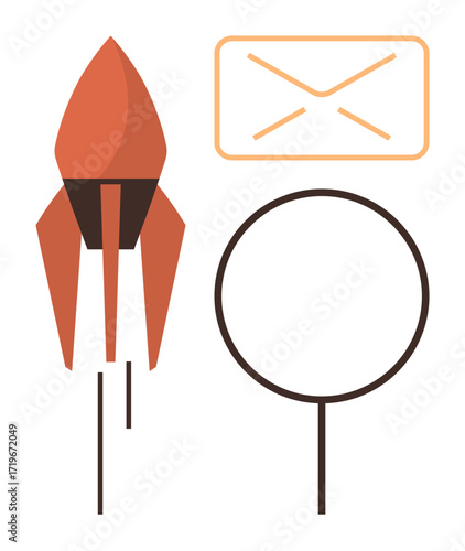 Red rocket taking off, envelope for messaging, magnifying glass outline emphasizing search and discovery. Ideal for innovation, start-up, communication, growth, analysis, discovery strategic