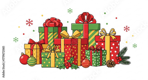 A festive assortment of christmas presents, adorned with colorful ribbons and bows, arranged in a cheerful display
